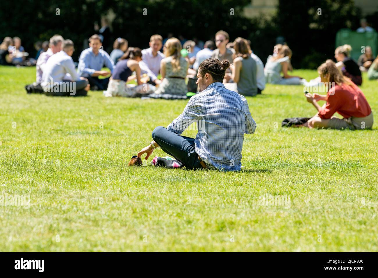 London, UK. 15th June, 2022. UK Weather, office workers take break with the  summer sunshine and record temperatures in Victoria Tower Gardens, London  UK office workers sunbathing, Credit: Ian Davidson/Alamy Live News