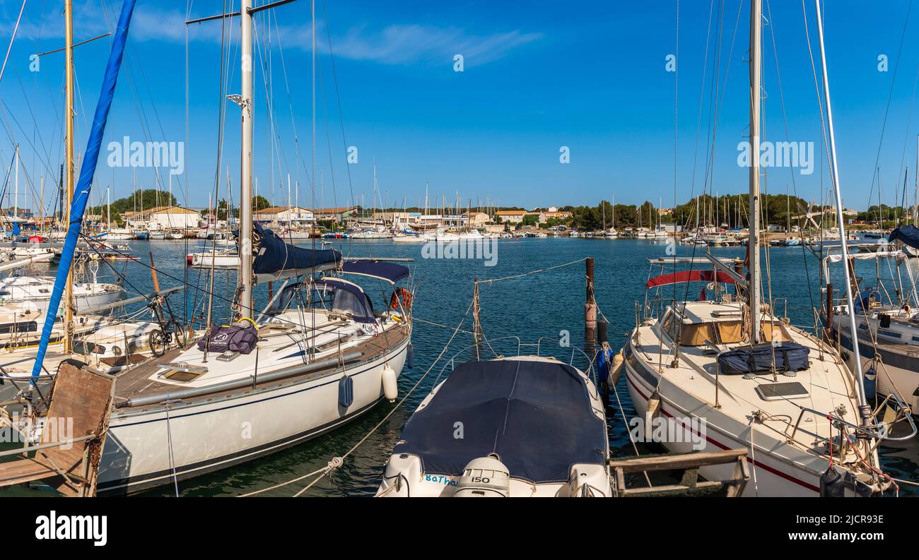 Sailboats moored in the marina of Balaruc les Bains, on the pond of Thau, in Occitanie, France Stock Photo
