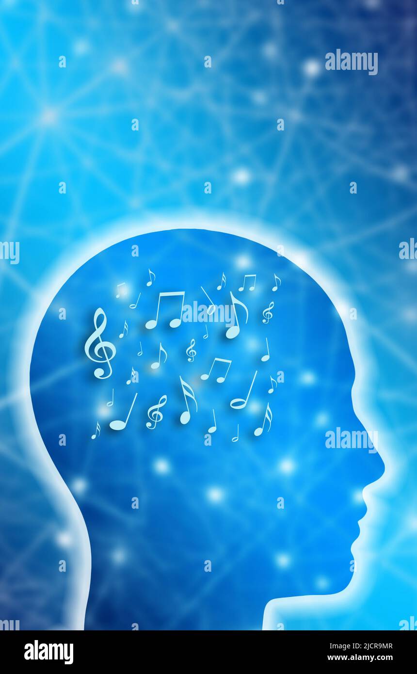 human head shape and music notes inside the brain, musician mind concept Stock Photo