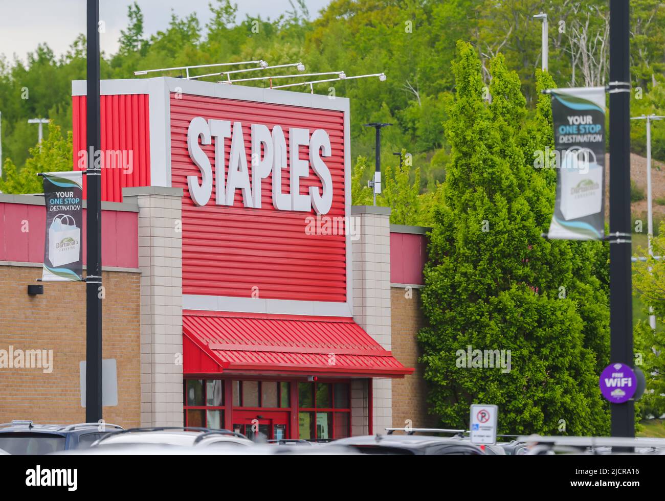 Staples Storefront. Staples is an American office retail company specialized in office supplies. HALIFAX, NOVA SCOTIA, CANADA - JUNE 2022 Stock Photo