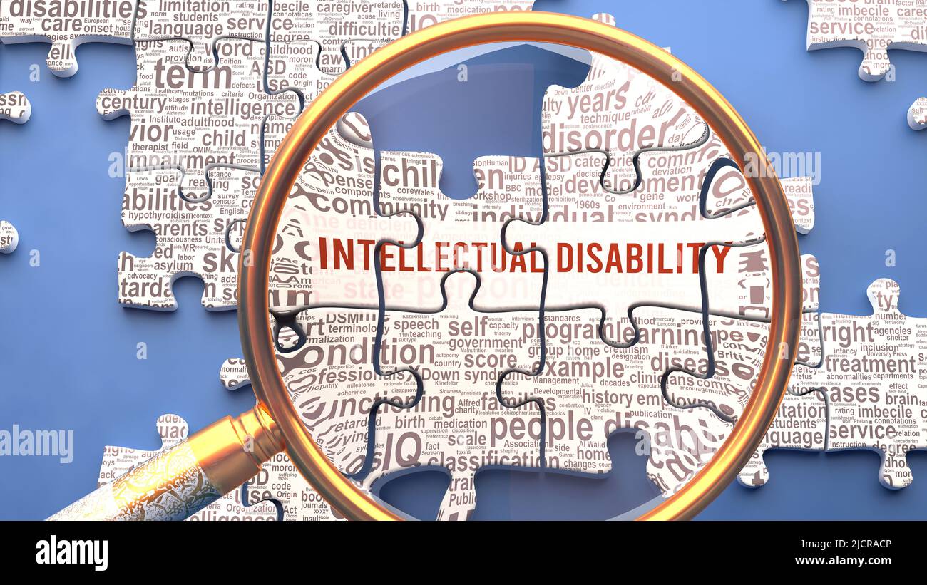 Intellectual disability as a complex topic under close inspection. Complexity shown as puzzle pieces with dozens of ideas and concepts correlated to I Stock Photo