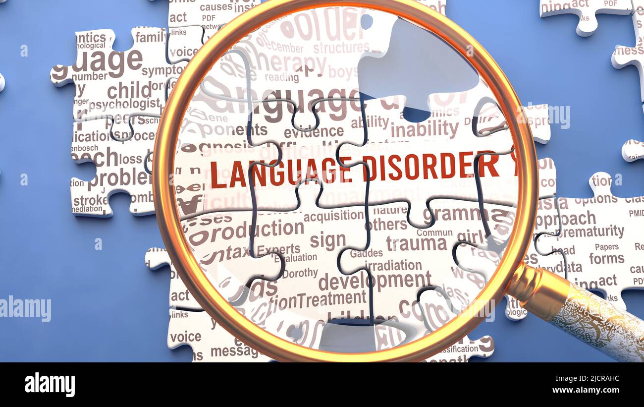 Language disorder as a complex topic under close inspection. Complexity shown as puzzle pieces with dozens of ideas and concepts correlated to Languag Stock Photo