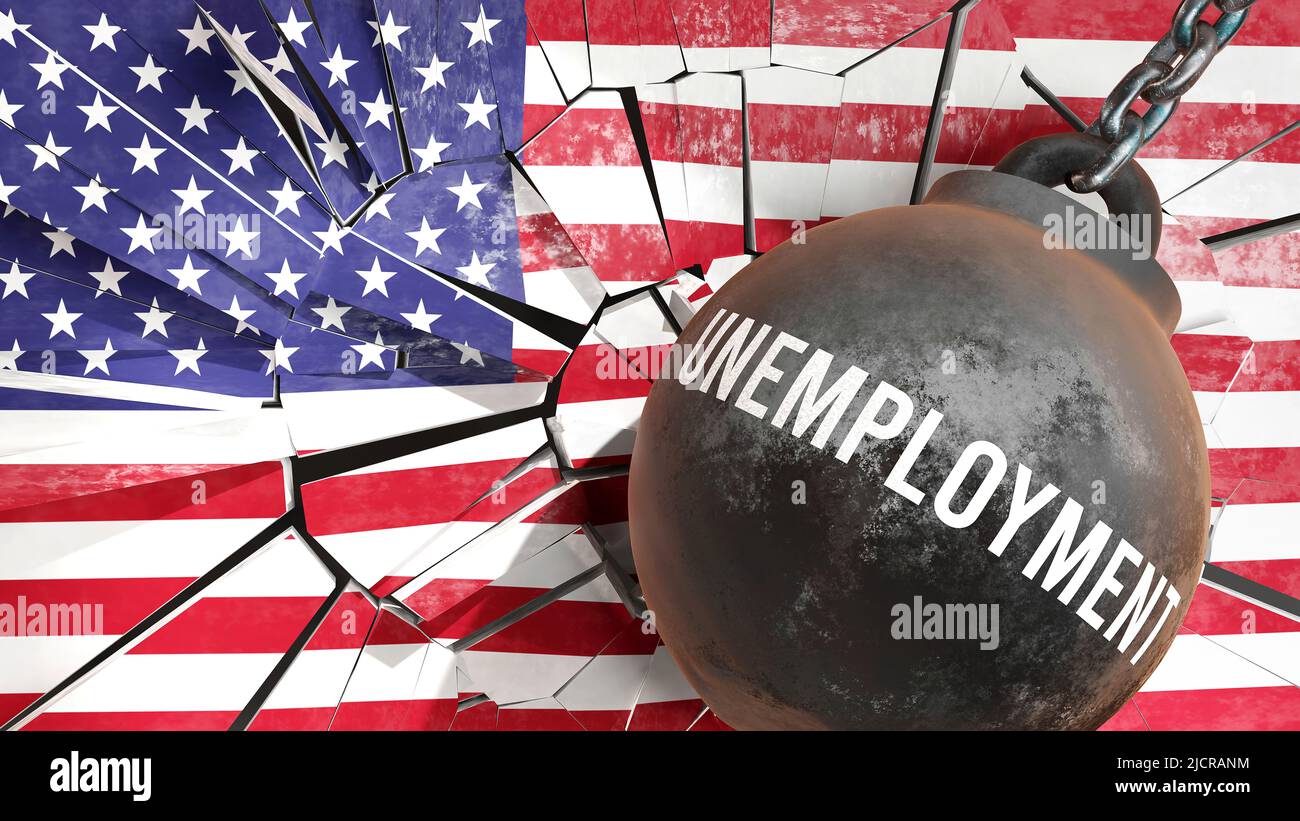Unemployment and USA America, destroying economy and ruining the nation. Unemployment wrecking the country and causing  general decline in living stan Stock Photo