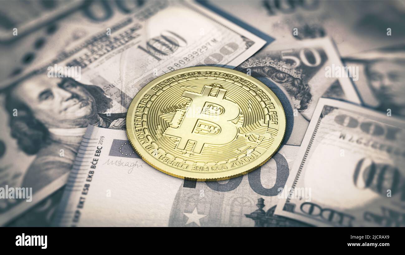 Bitcoin on banknotes from different countries Stock Photo
