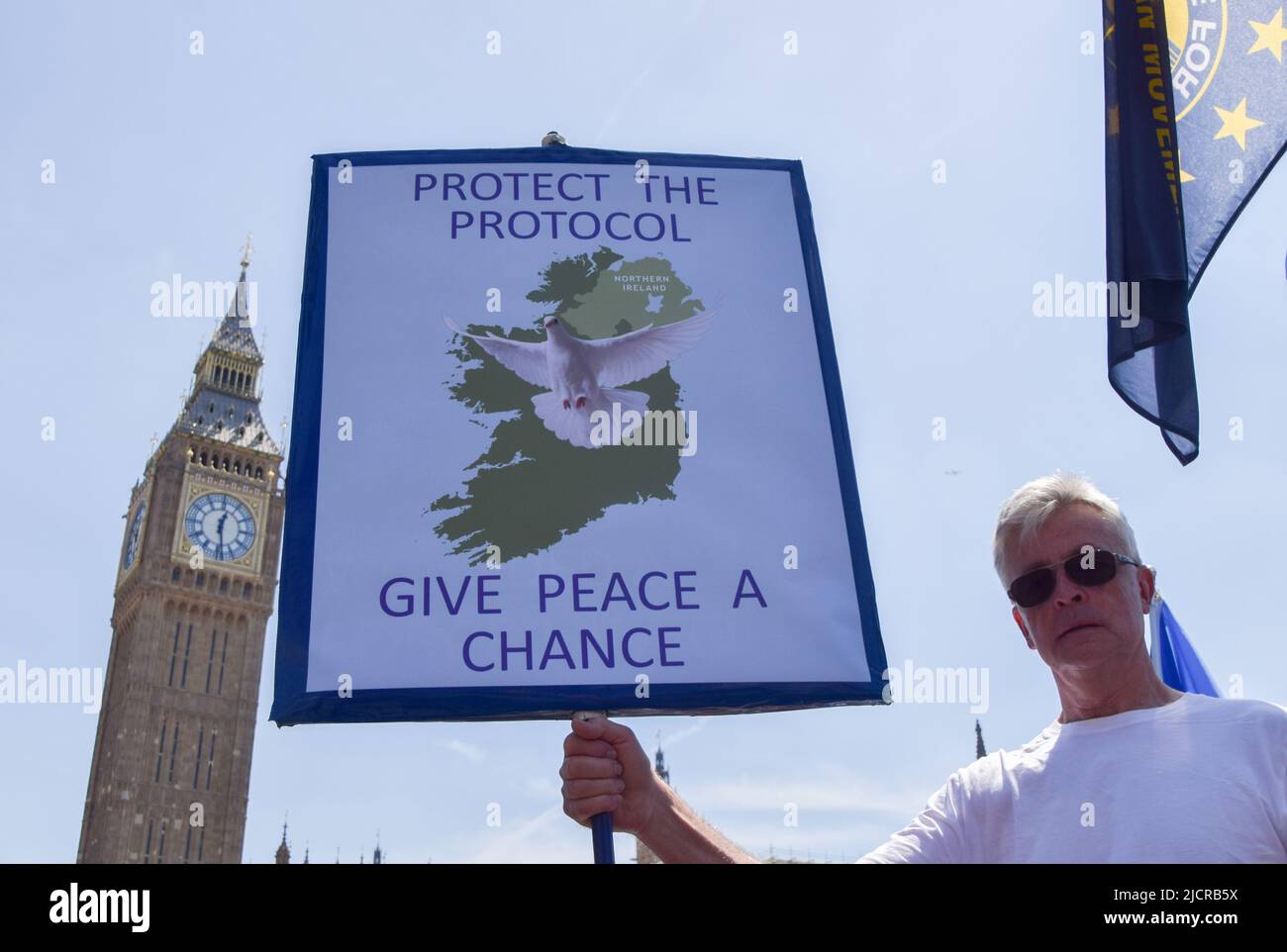 London, UK. 15th June 2022. Demonstrators gathered outside Parliament in support of the Northern Ireland Protocol, and in protest against Brexit and the Tory Government. Credit: Vuk Valcic/Alamy Live News Stock Photo