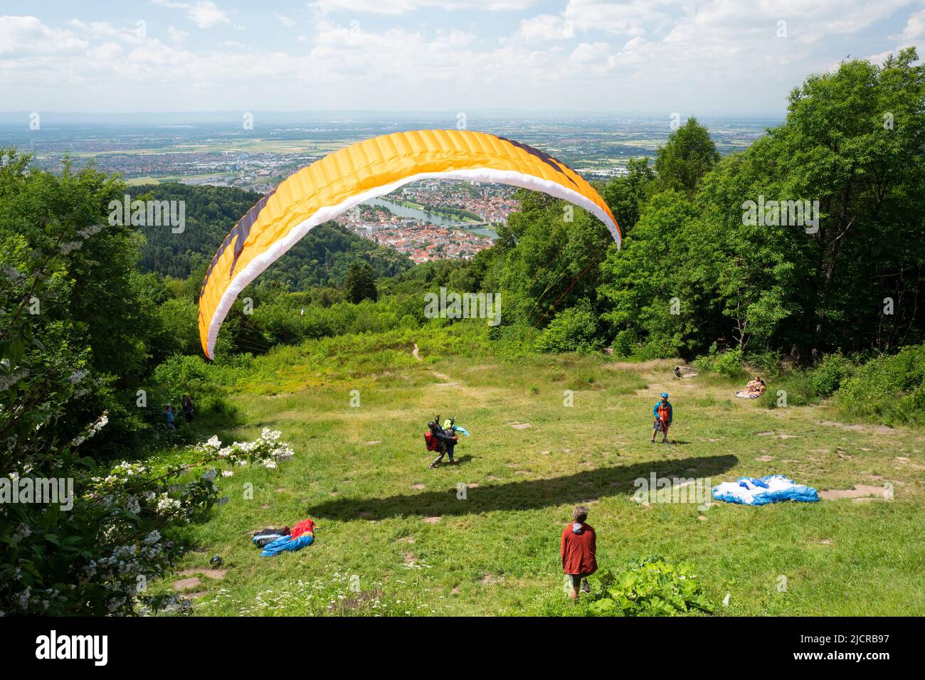 Paragliding from Konigstuhl, above Heidelberg, Germany Stock Photo