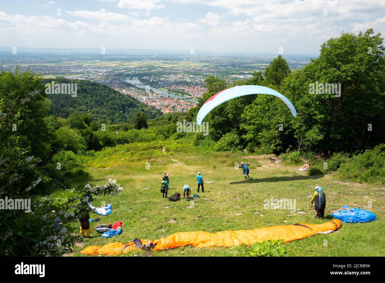 Paragliding from Konigstuhl, above Heidelberg, Germany Stock Photo