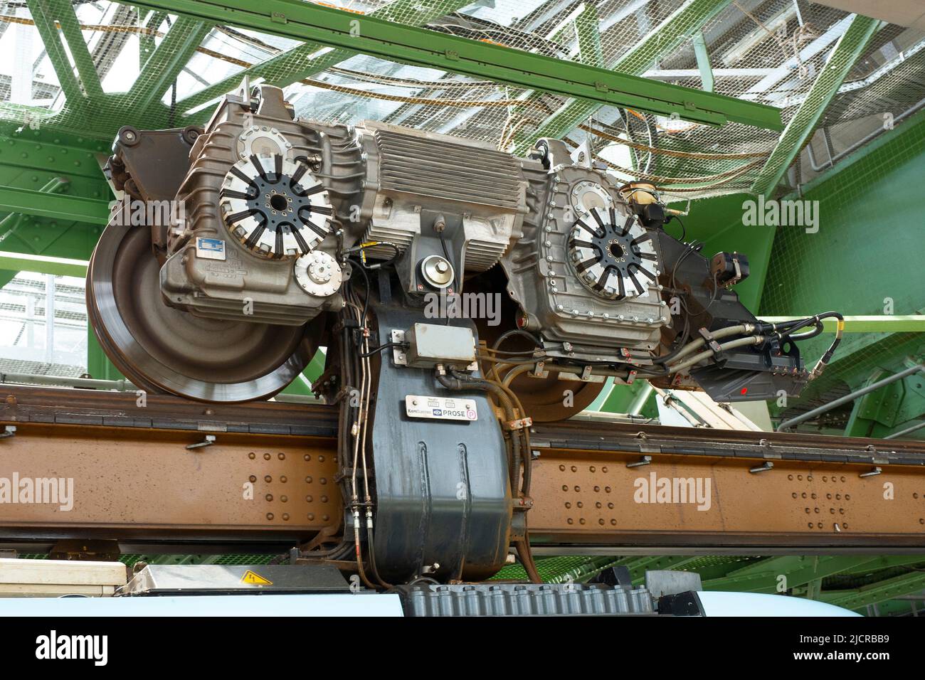 Mechanism above carriage on the Wuppertal Suspension Railway, Germany Stock Photo