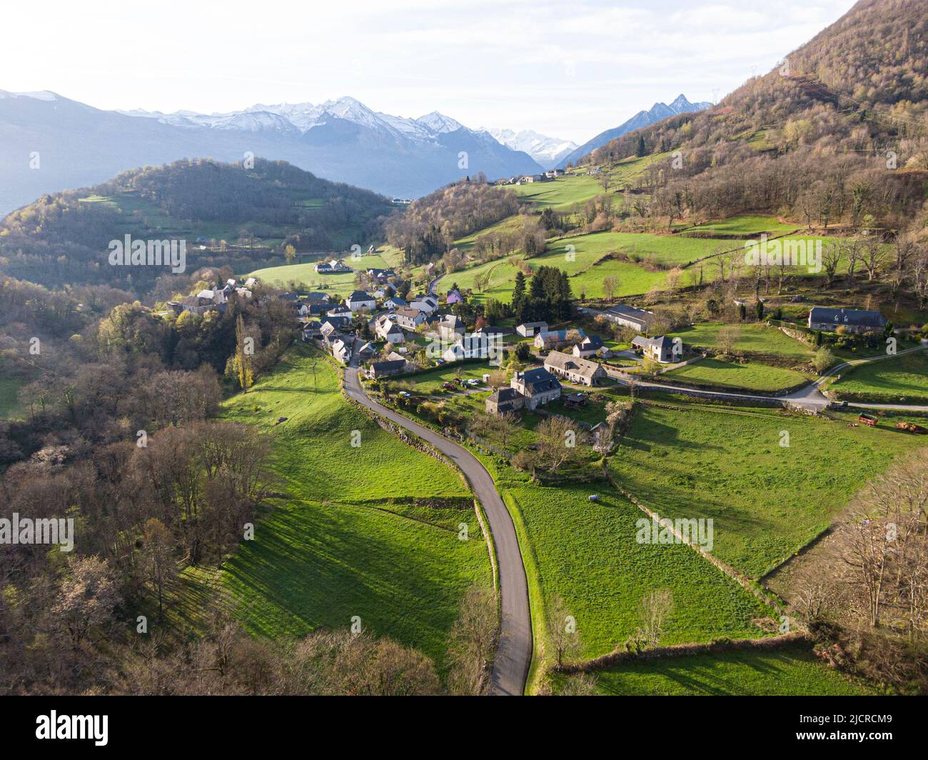 Aerial view of small village Sére-en-Lavedan in the pyrenees mountains, Hautes-Pyrenees, occitanie Stock Photo