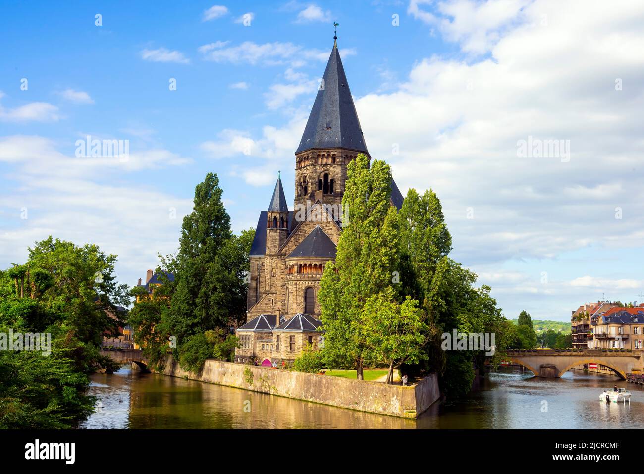 Temple Neuf is a Protestant church in Metz on Petit-Saulcy, which is surrounded by the Moselle. capital of Lorraine, France. Stock Photo