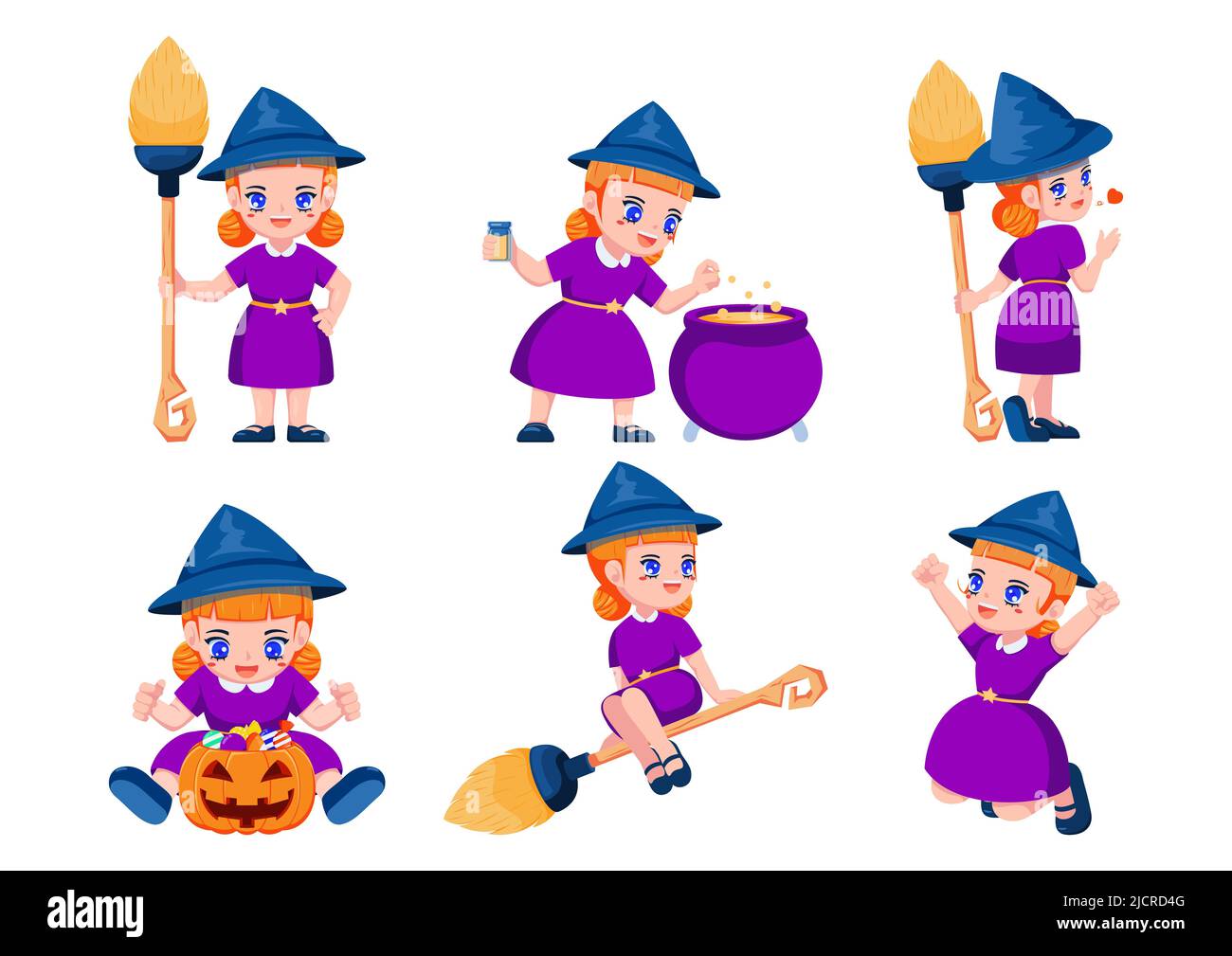 Set of Cute Little Witch Cartoon for Halloween Holiday. Stock Vector