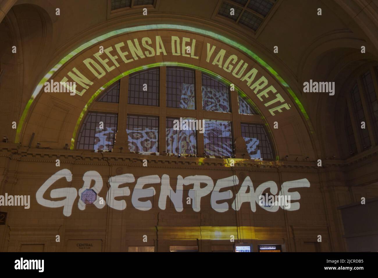 Argentina: 04/06/2022, Buenos Aires, Argentina. 14th June, 2022. The environmental organization Greenpeace Argentina will carry out a giant 3D projection in the main hall of the Constitución Station to warn about the extinction of the last 20 Yaguaretés from the Gran Chaco Argentino, which are in danger of extinction due to the destruction of their forests. (Photo by Esteban Osorio/Pacific Press) Credit: Pacific Press Media Production Corp./Alamy Live News Stock Photo