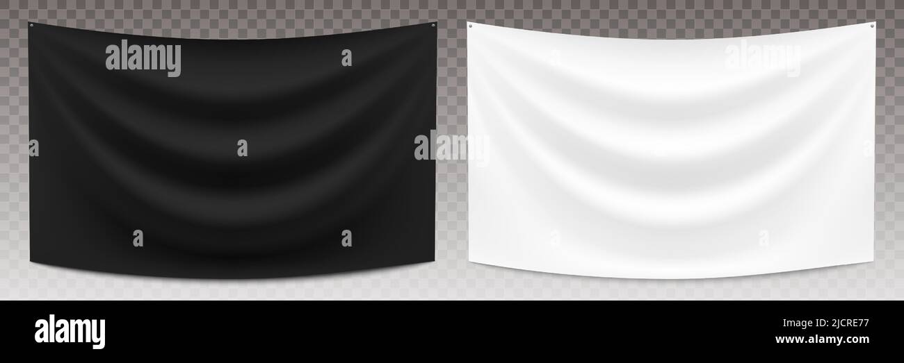 Black and white hanging fabric banners, isolated on transparent background. Textile backdrop realistic vector mockup. Stock Vector