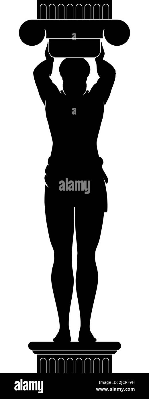 Atlant sculpture holding a column, black silhouette vector illustration, isolated on white background.  Stock Vector