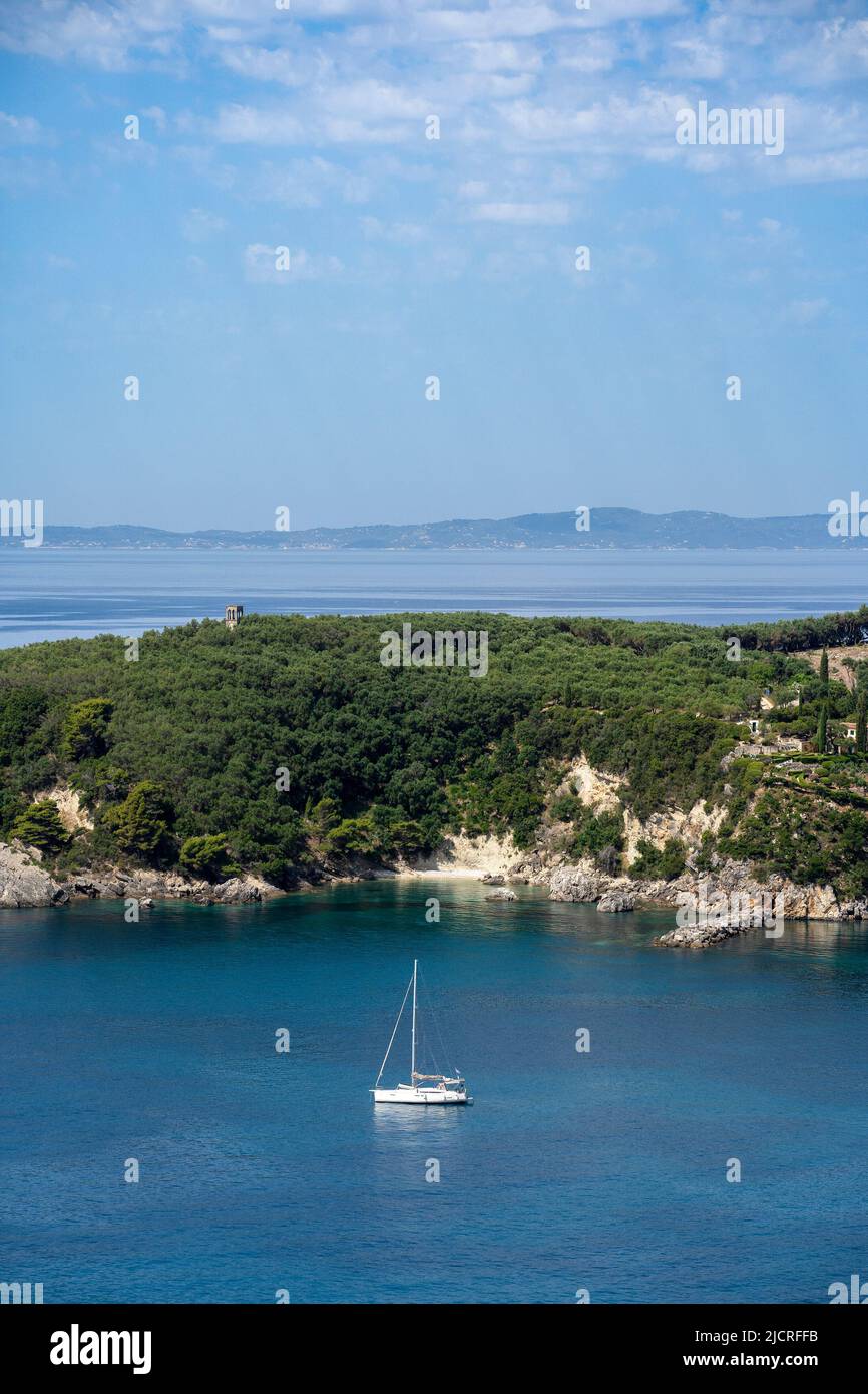 Beautiful summer Mediterranean coast with sailing ship Stock Photo