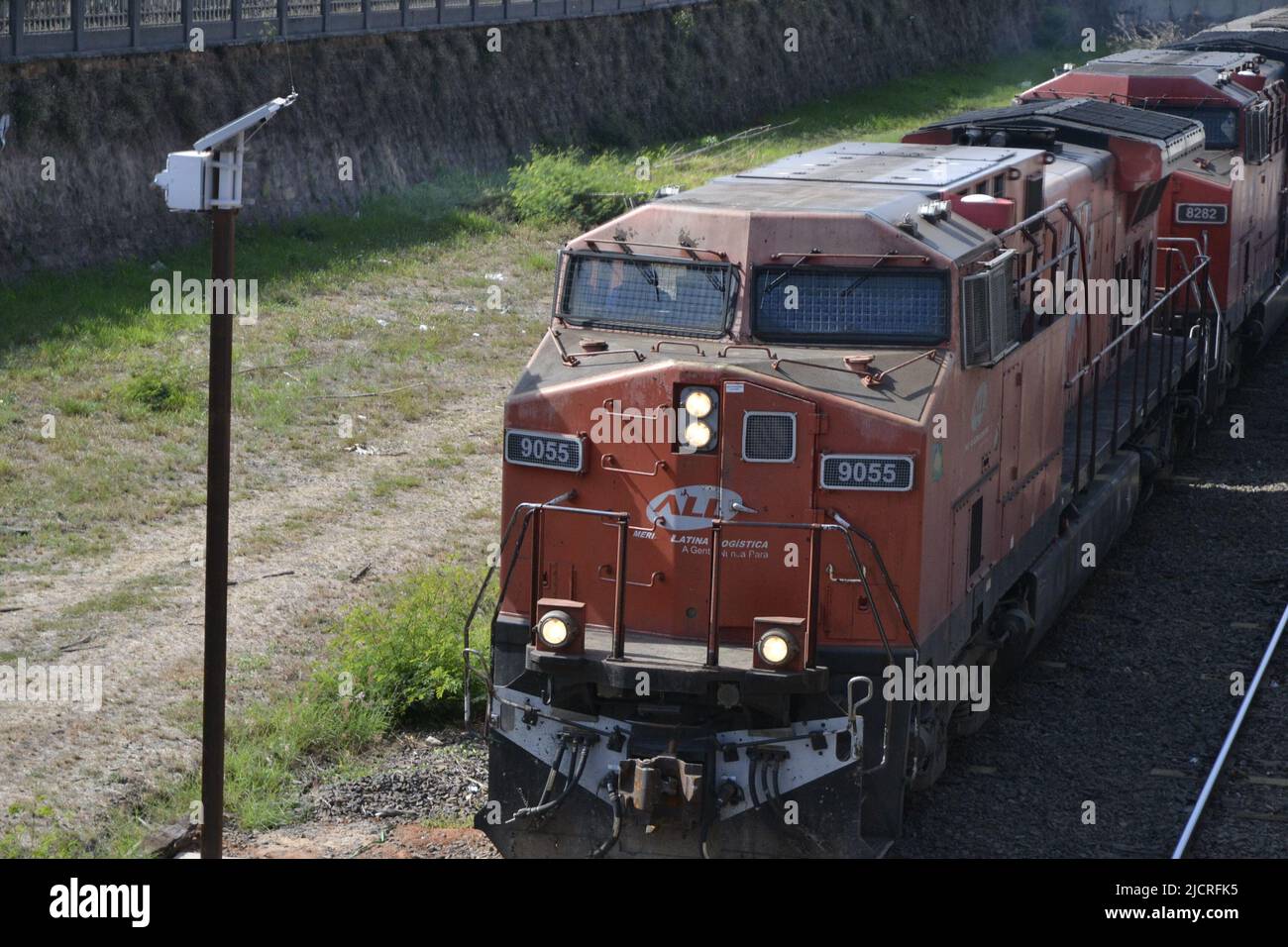 Freight train. Rails in urban area of the city, Brazil, South America, selective focus, blurred background, zoom Stock Photo