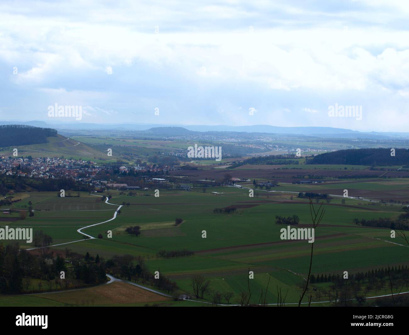 High angle view and depth of field panorama shot of a beautiful lusty green landscape scenery. Stock Photo