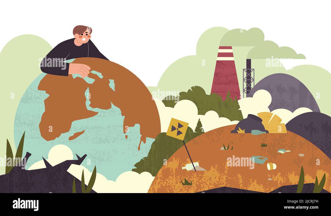 Flat environmental pollution of earth by industrial production. Factory building emits