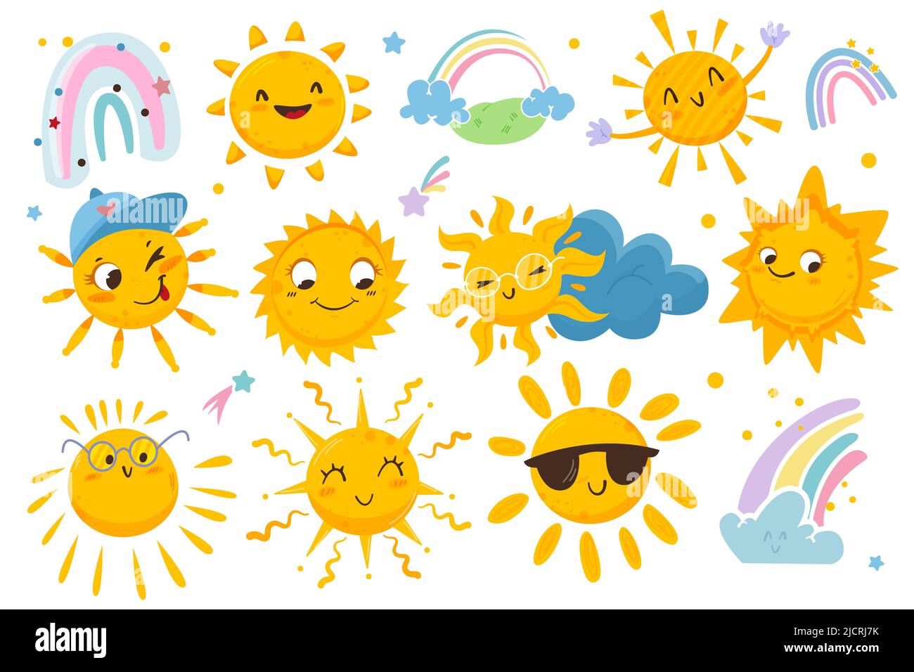 Cute sun flat vector stickers set with happy emotions, clouds and colorful rainbow. Funny characters in sunglasses, cap for kids. Cartoon sunny smiley icons. Yellow suns with positive expression faces Stock Vector