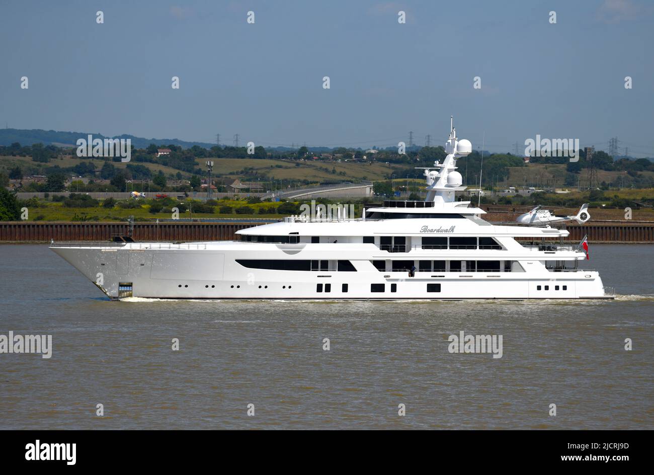 15/06/2022 Gravesend UK The Boardwalk is a 78m super yacht complete with aft deck helicopter landing pad and is owned by Texas billionaire Tilman Fert Stock Photo