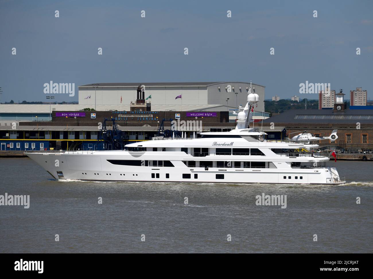 15/06/2022 Gravesend UK The Boardwalk is a 78m super yacht complete with aft deck helicopter landing pad and is owned by Texas billionaire Tilman Fert Stock Photo