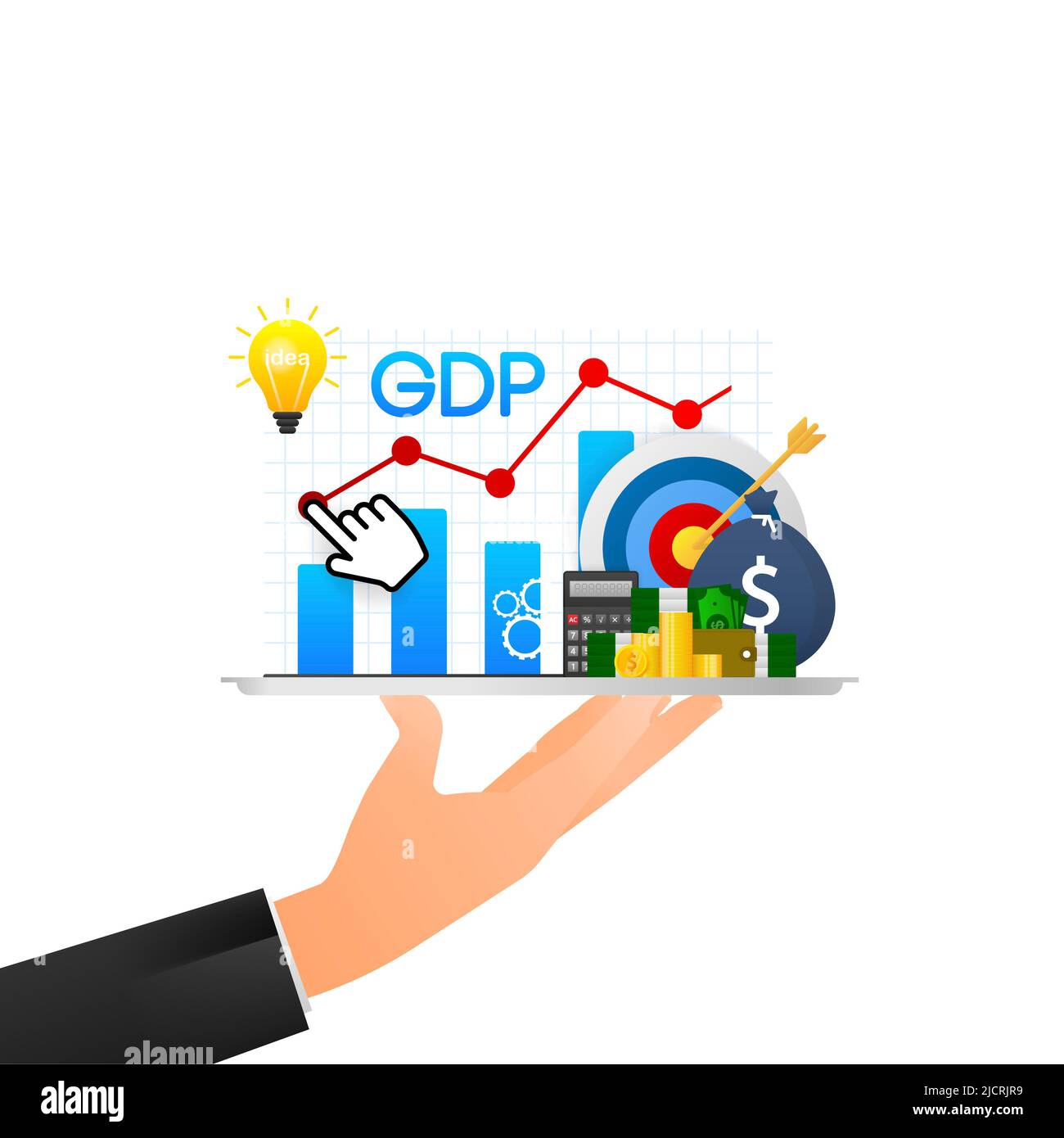 Vector illustration for gross domestic product rate, global economy, national budget.Business vector icon. Flat vector. Arrow icon. Stock Photo