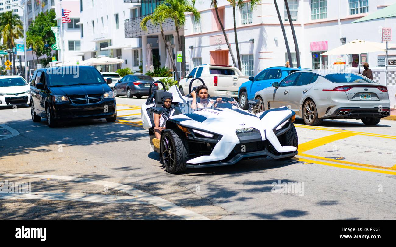 Miami Beach, Florida USA April 14, 2021 white polaris slingshot