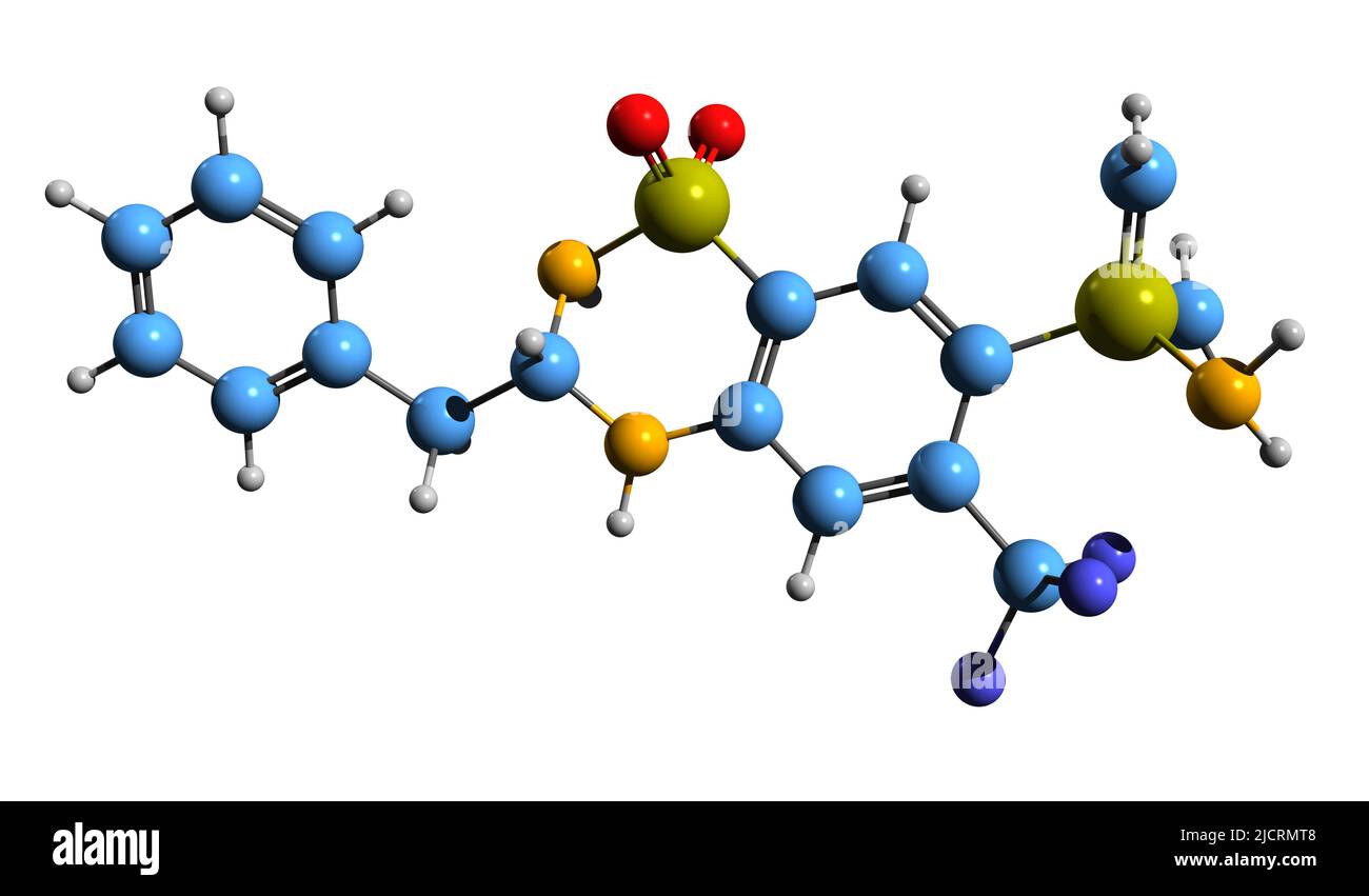 3D image of Bendroflumethiazide skeletal formula - molecular chemical structure of bendrofluazide isolated on white background Stock Photo