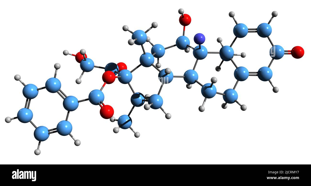 3D image of Betamethasone benzoate skeletal formula - molecular chemical structure of synthetic corticosteroid isolated on white background Stock Photo