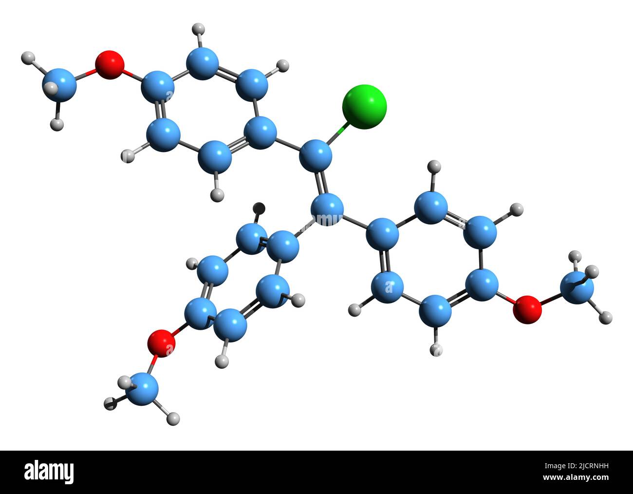 3D image of Chlorotrianisene skeletal formula - molecular chemical structure of  nonsteroidal estrogen CTA isolated on white background Stock Photo