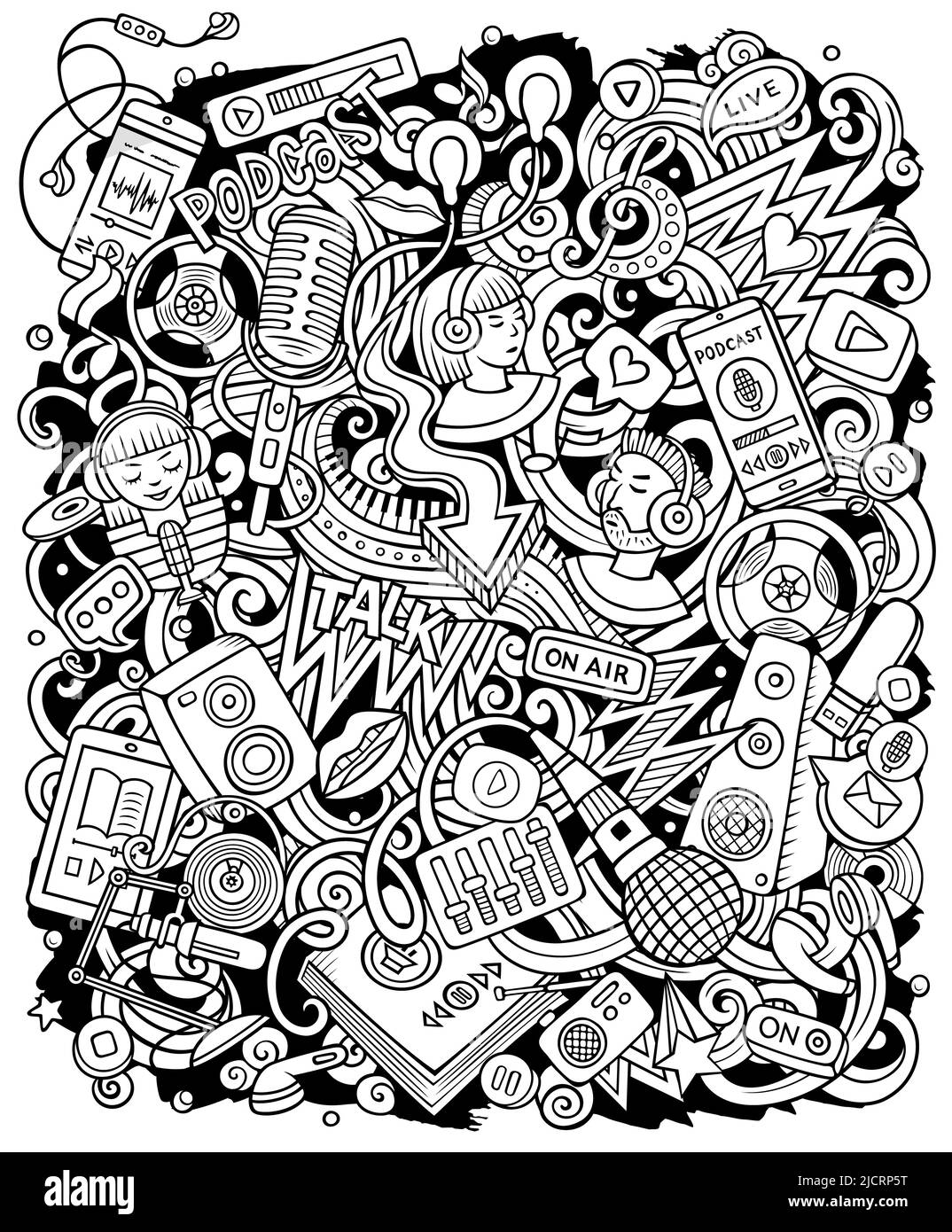 Audio content cartoon doodles illustration. Stock Photo