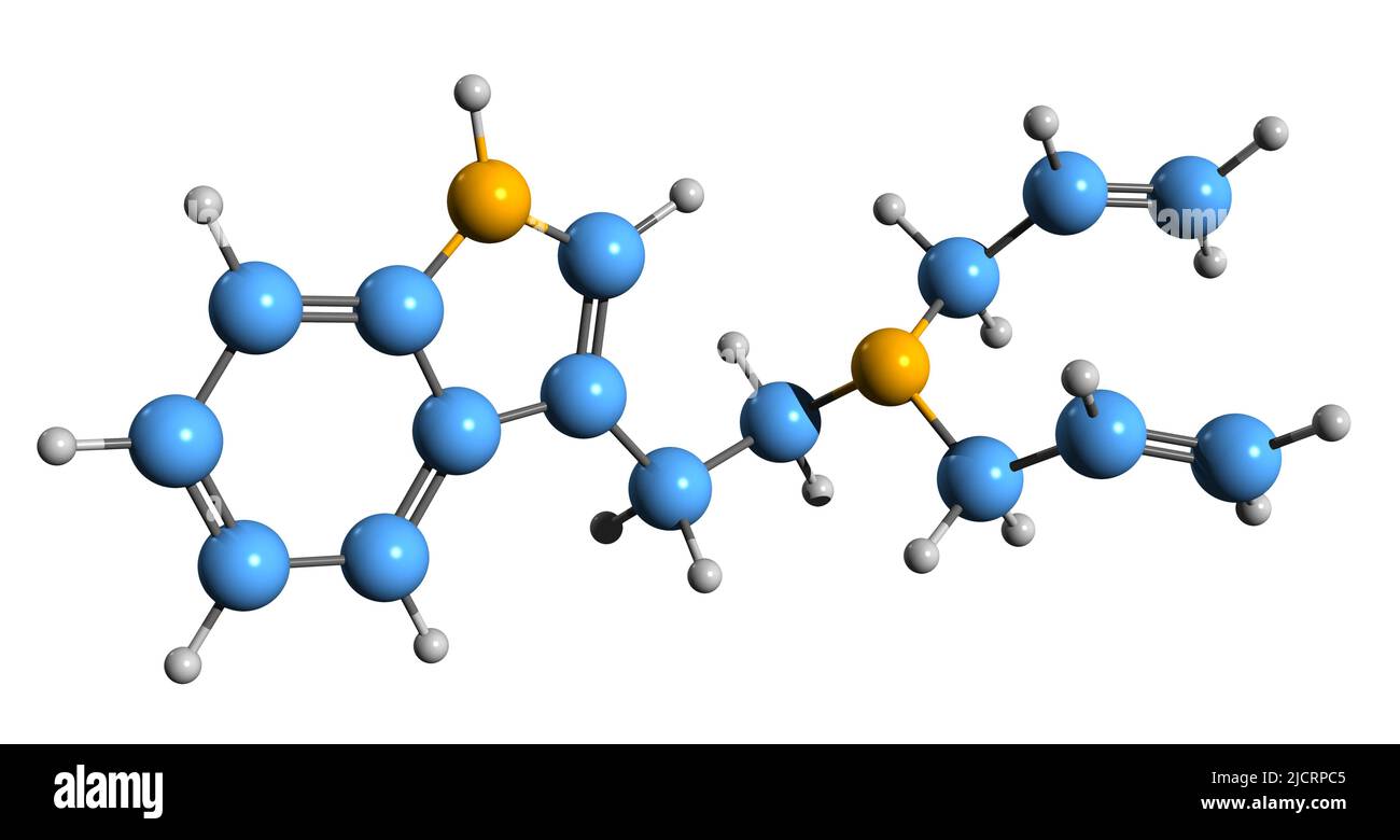 3D image of DALT skeletal formula - molecular chemical structure of  tryptamine derivative isolated on white background Stock Photo