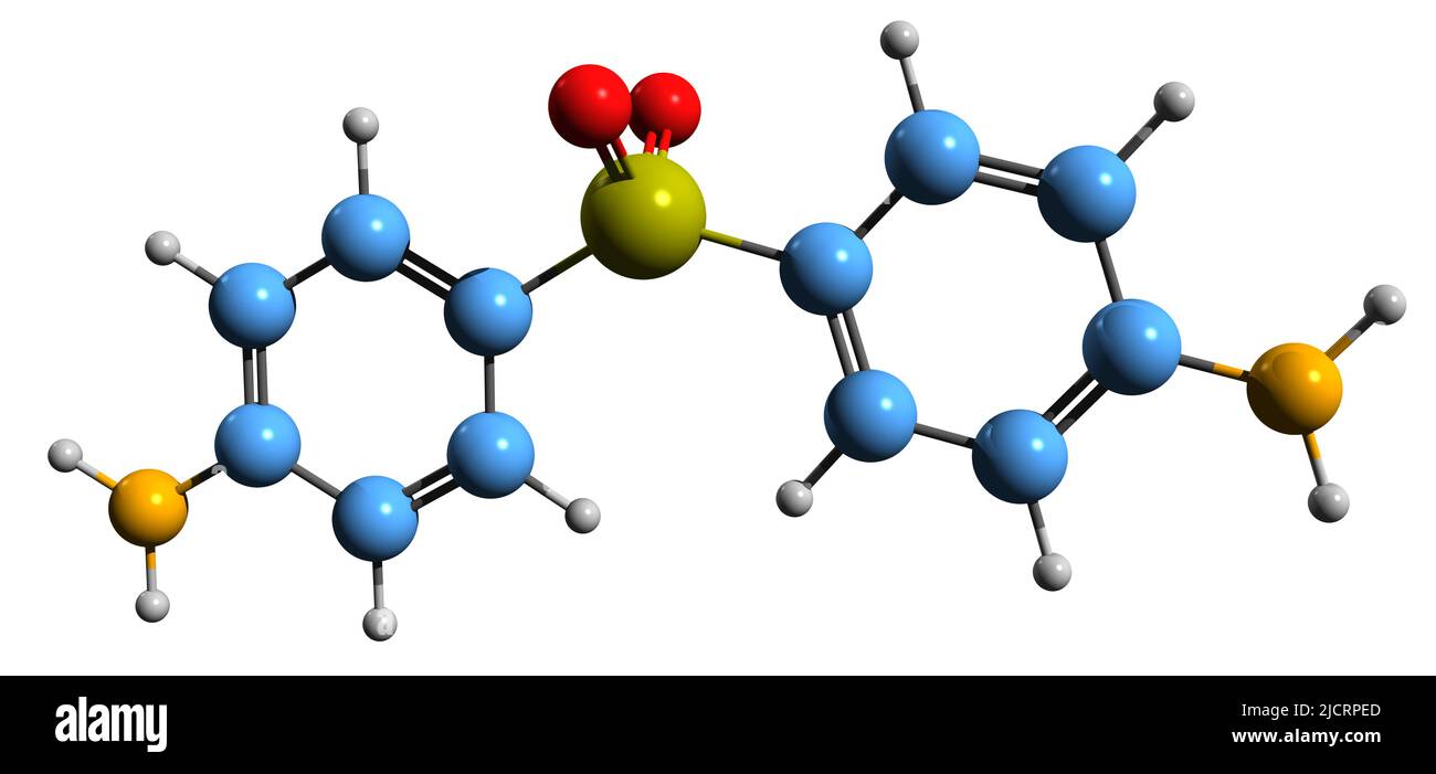 3D image of Dapsone skeletal formula - molecular chemical structure of diaminodiphenyl sulfone isolated on white background Stock Photo