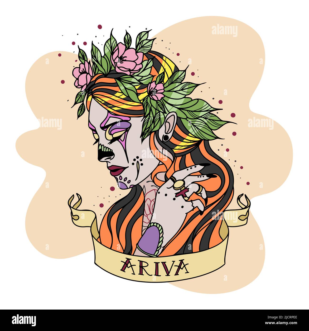 Beautiful girl in Chicano style, with a tattoo, roses in her hair, a bird on her neck, a ribbon with a signature, jewelry on her face, piercing Stock Vector