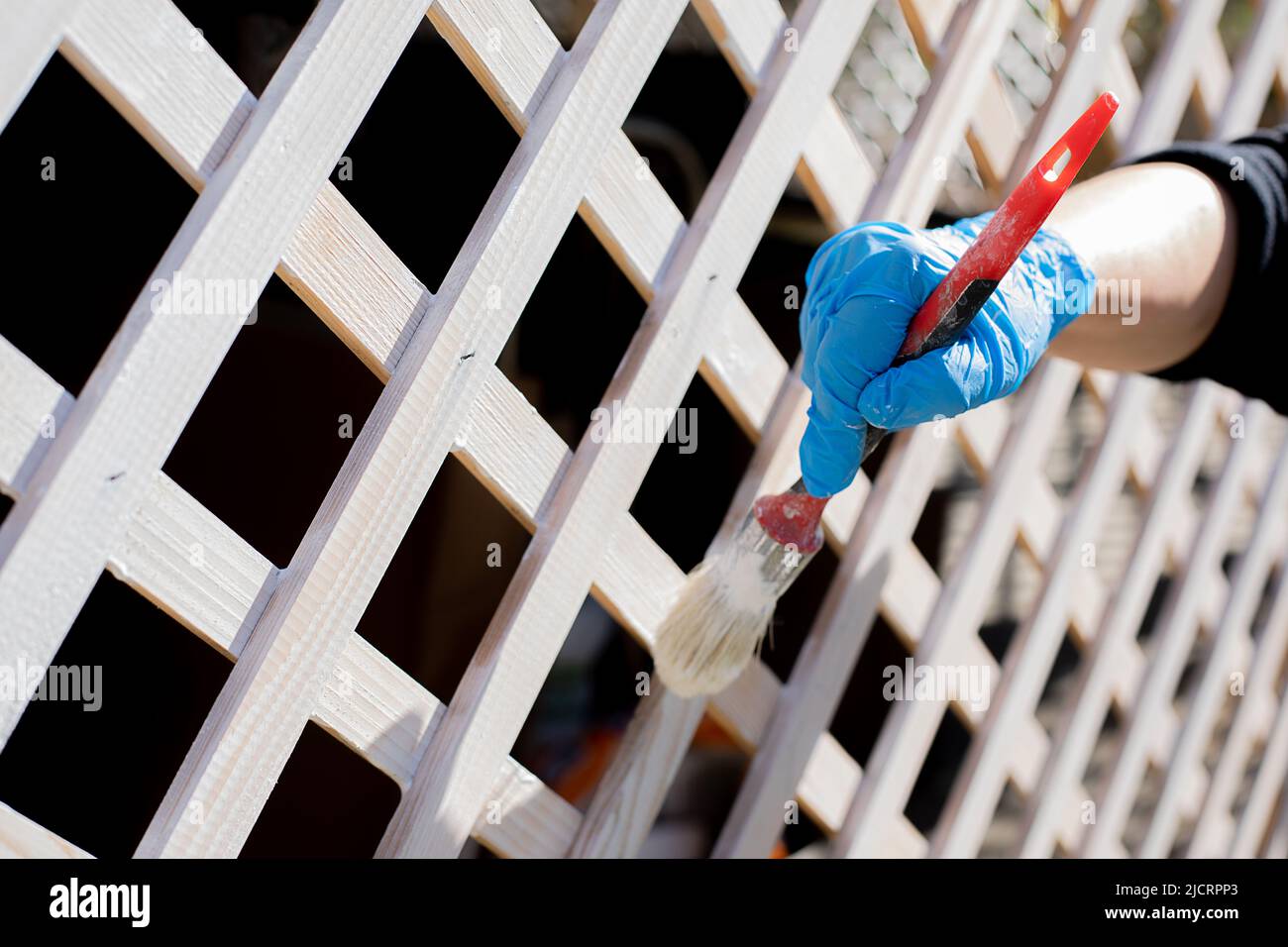 Cropped human hand in glove paint grid wood fence outdoor by brush in