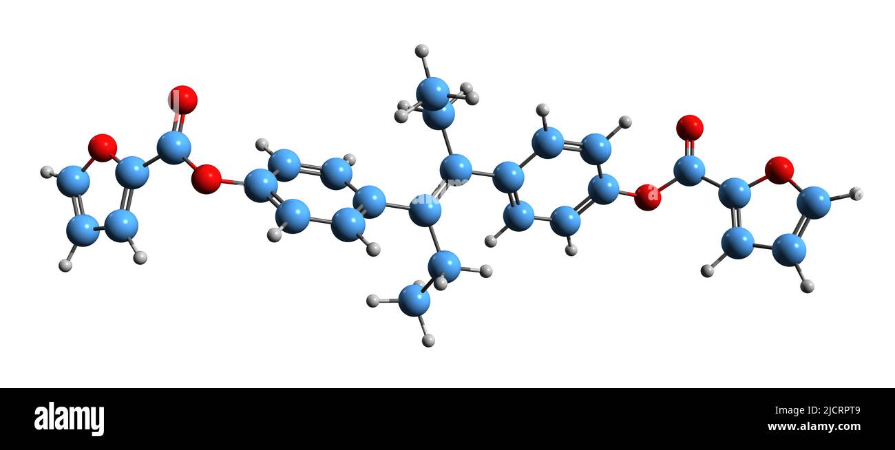 3D image of diesthylstilbestrol difuroate skeletal formula - molecular chemical structure of Furostilbestrol isolated on white background Stock Photo