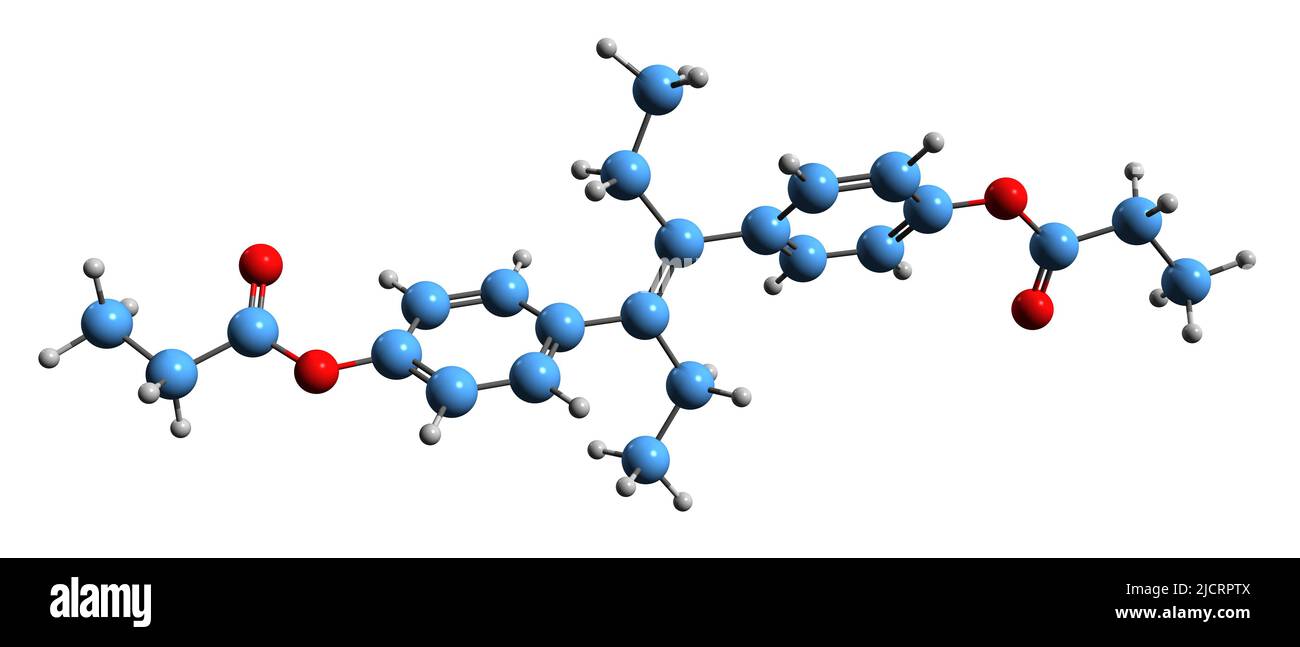 3D image of Diethylstilbestrol dipropionate skeletal formula - molecular chemical structure of nonsteroidal estrogen isolated on white background Stock Photo