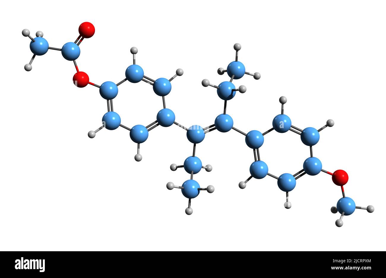 3D image of diethylstilbestrol monomethyl ether skeletal formula - molecular chemical structure of Monomethylstilbestrol isolated on white background Stock Photo