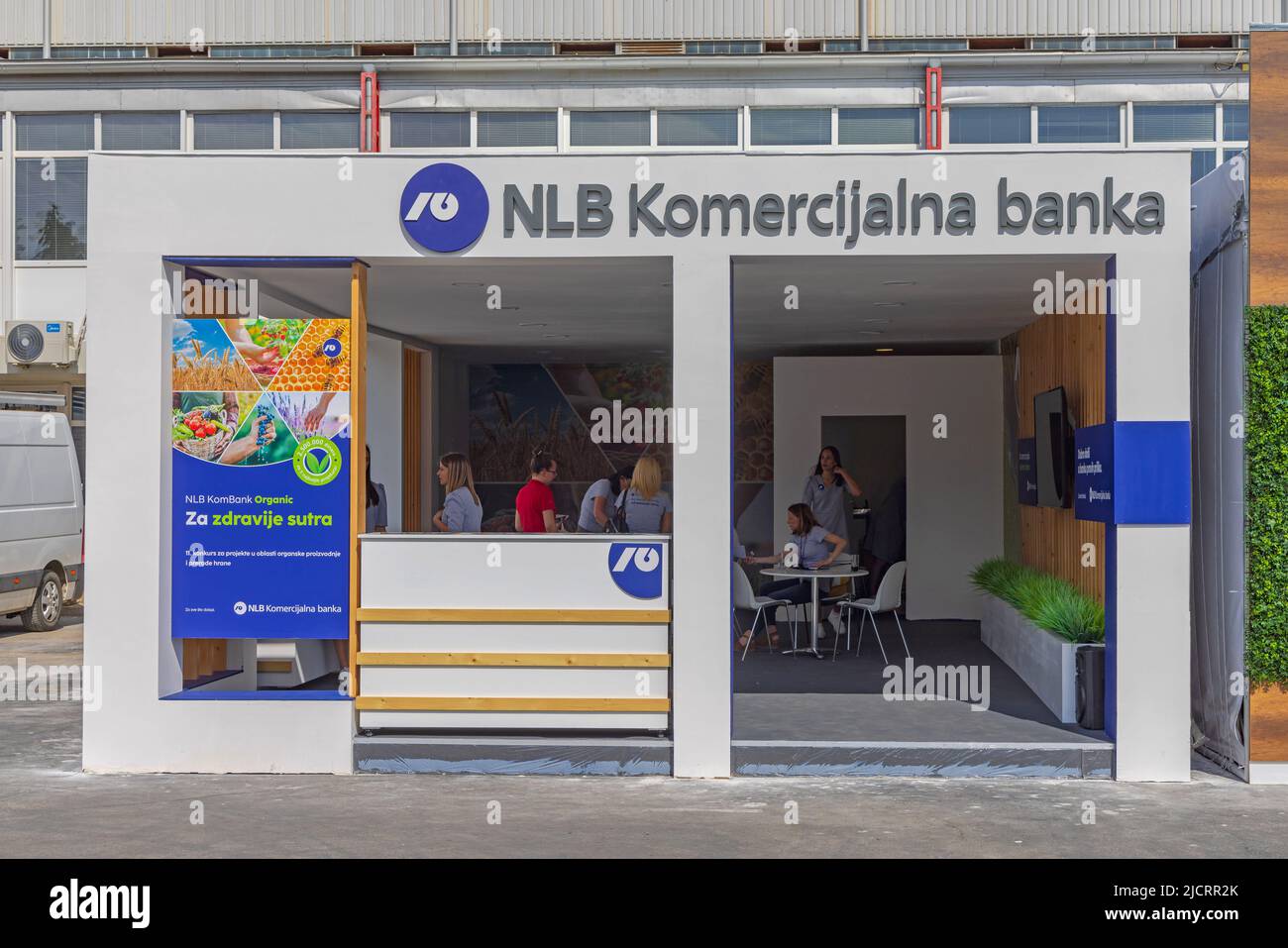 Novi Sad, Serbia - May 21, 2022: Promotional Booth NLB Group Commercial Bank at Agriculture Expo Fair Trade Show. Stock Photo