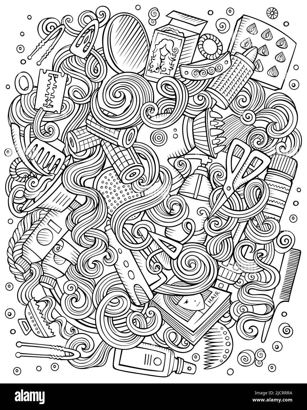 Hair salon hand drawn raster doodles illustration. Hairstyle poster design Stock Photo