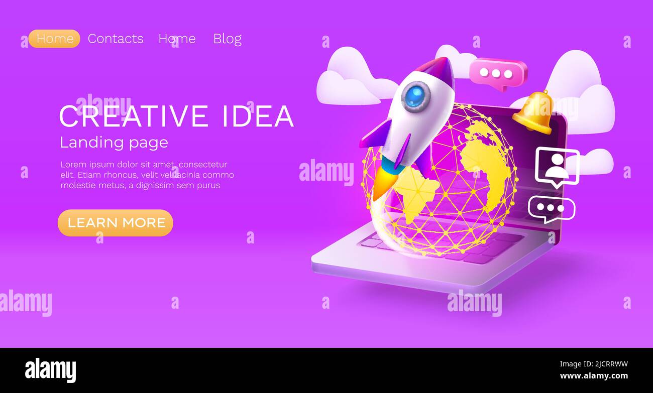 Landing page laptop creative idea, website banner message. Vector illustration Stock Vector