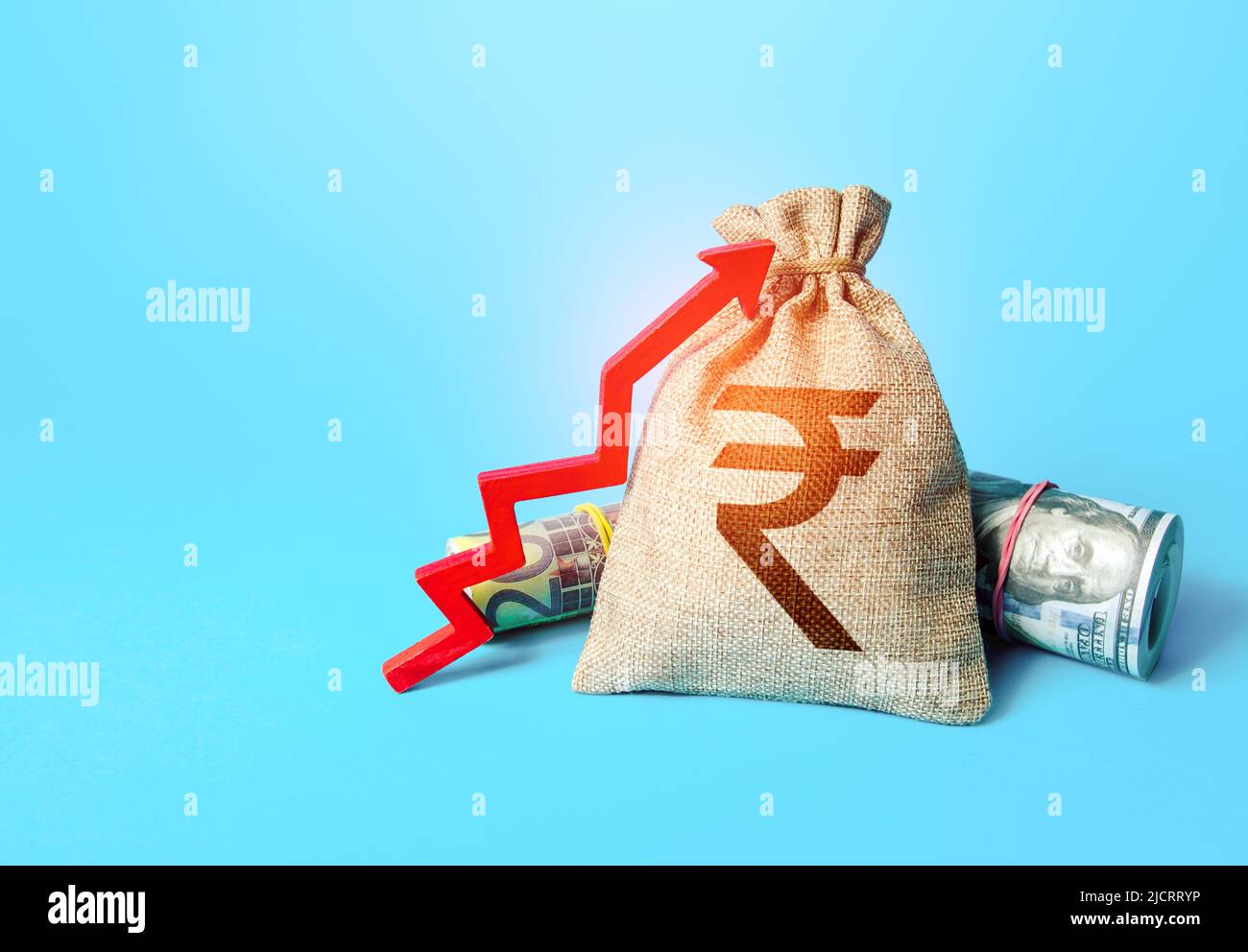 Indian rupee money bag and red up arrow. Economic growth, GDP. Increase