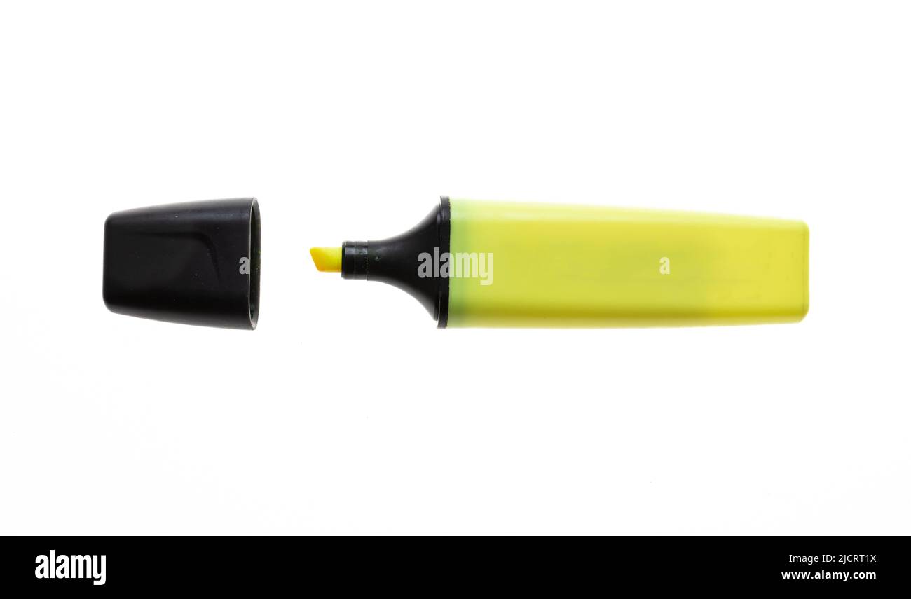 Highlighter yellow marker isolated cutout on white background. Overhead view of opened fluorescent pen with black lid, text marking, office supply. Stock Photo