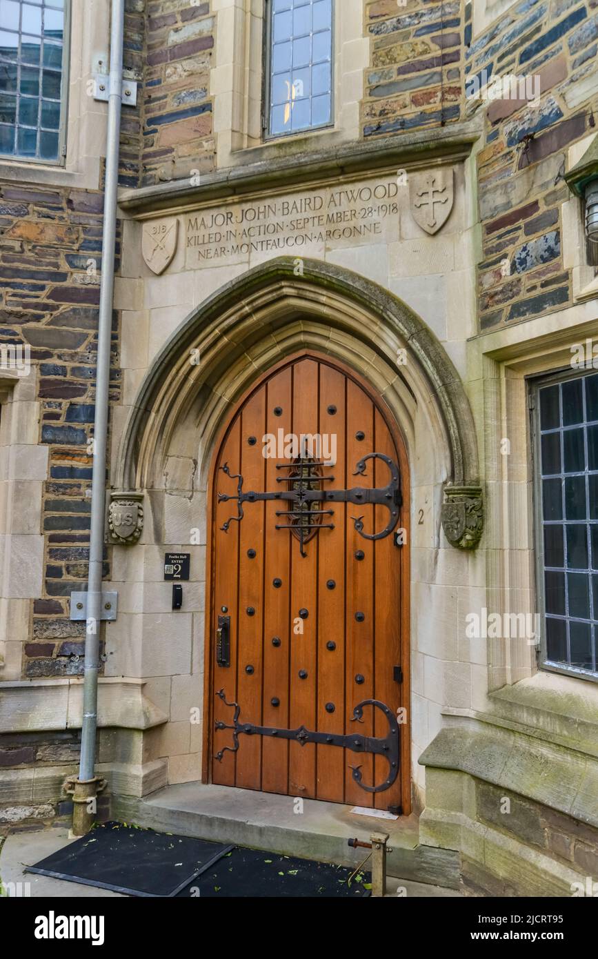 PRINCETON, NJ USA - NOVENBER 12, 2019: a view of Foulke Hall at Princeton University. Wooden door and elements of architecture, original design. Stock Photo