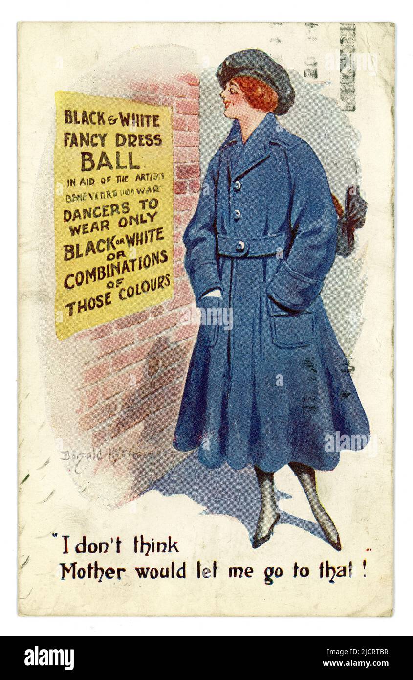 WW1 comic postcard of female war worker wearing standard issue trench coat and driver's cap, ambulance drivers uniform, reading a poster advertising a  black & white fancy dress ball,  'I don't think mother would let me go to that!' posted 16 April 1917 Stock Photo