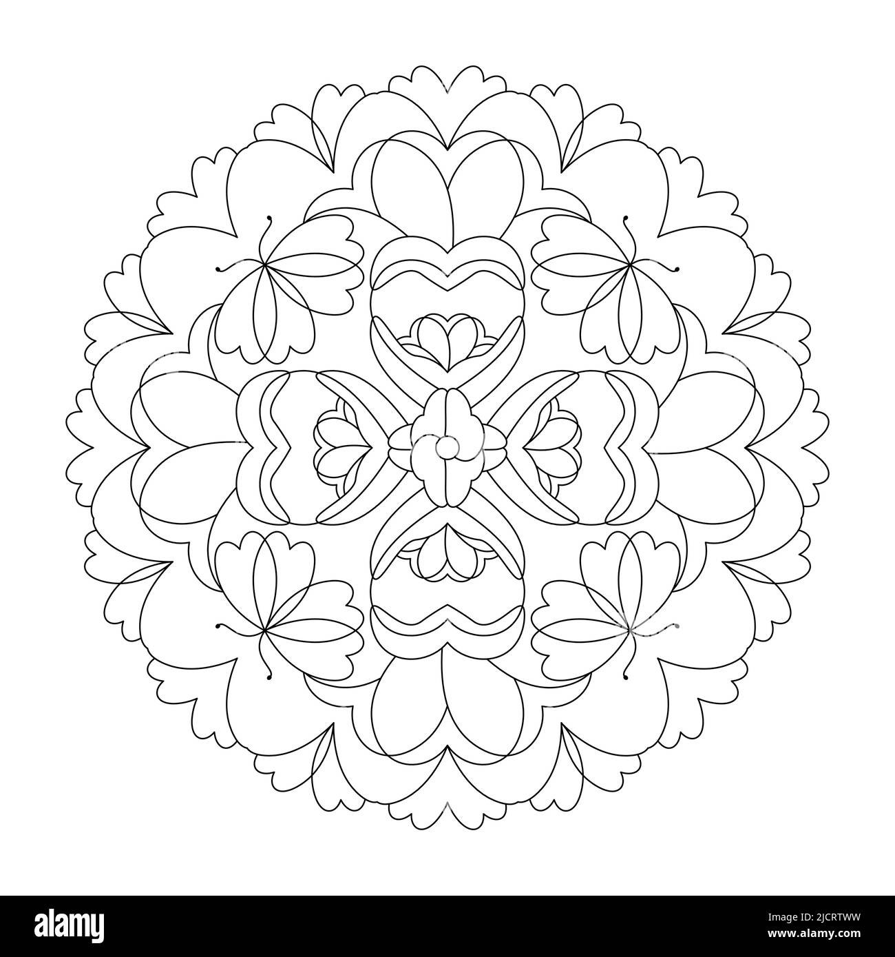 Mandala with hearts and butterflies. Anti-stress coloring page. Art Therapy. Vector illustration black and white. Stock Vector