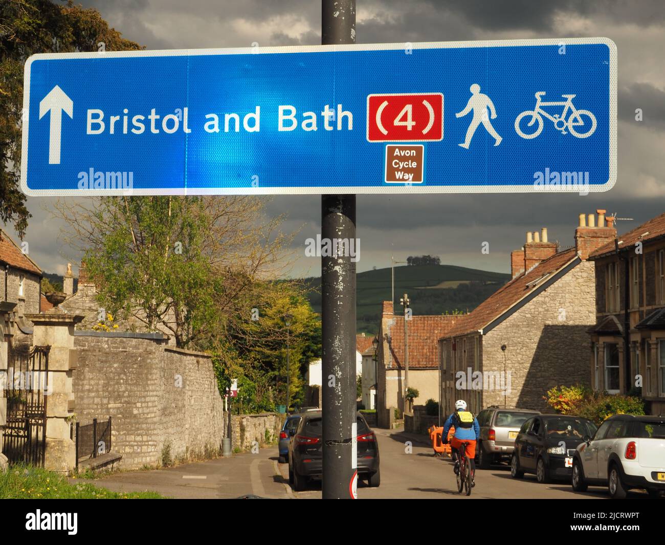 Sign at Salford for the Bristol to Bath cycle walkway, part of National Cycle Network route 4, constructed following a disused railway line. May 2022. Stock Photo