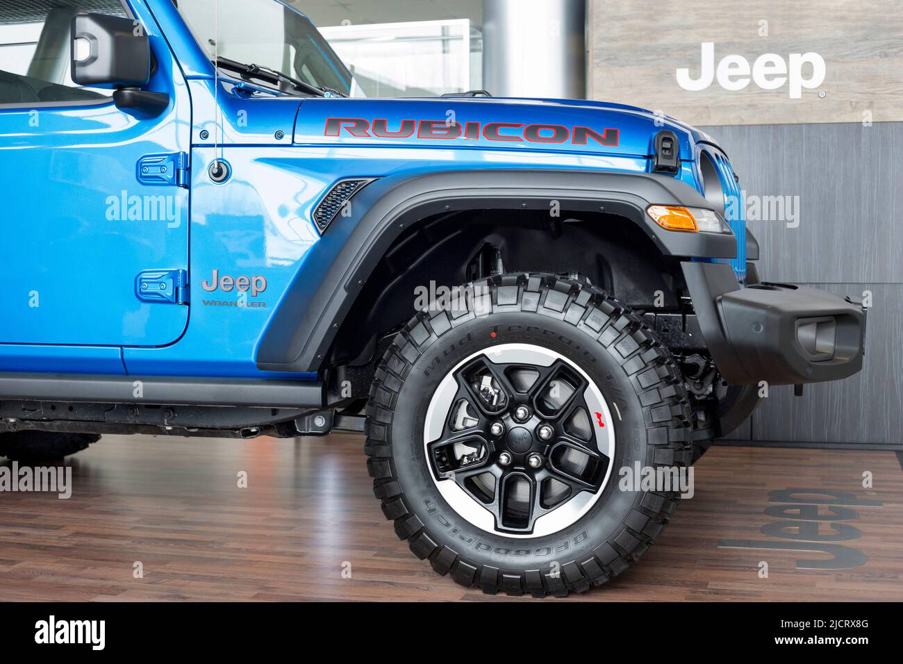 Russia, Izhevsk March 4, 2022 Jeep showroom. New modern Wrangler