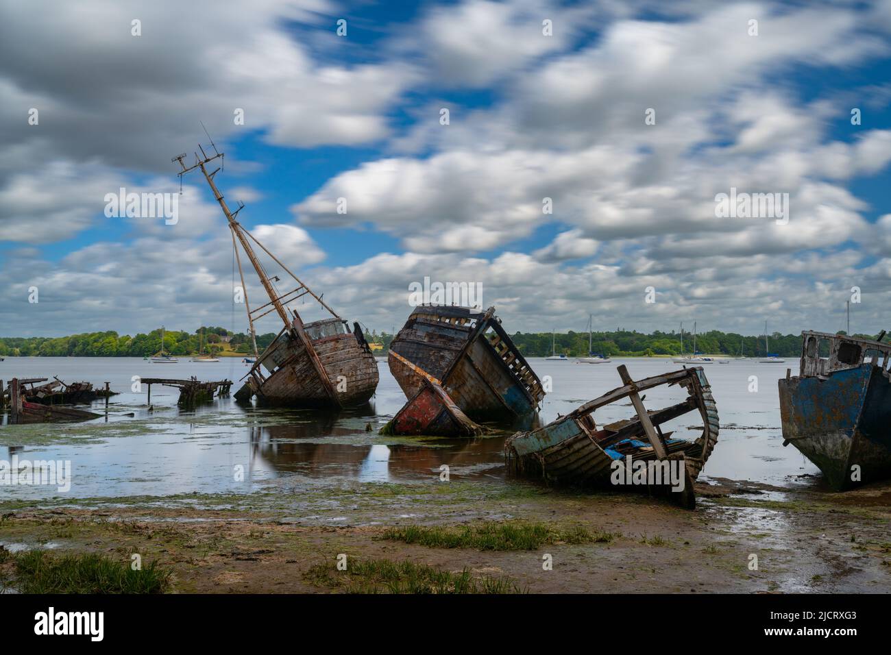 Pin Mill Map Pin Mill, England - 11 June, 2022: view of the boat graveyard at Pin ...