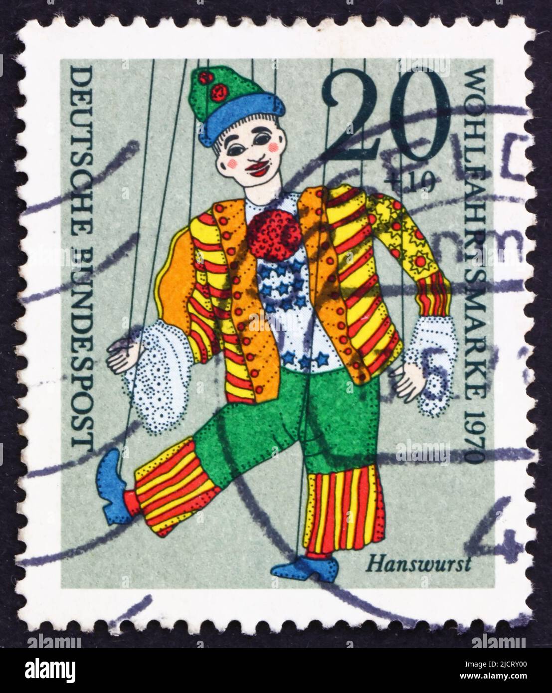 GERMANY - CIRCA 1970: a stamp printed in the Germany shows Hanswurst, Puppet, Nuremberg, circa 1970 Stock Photo
